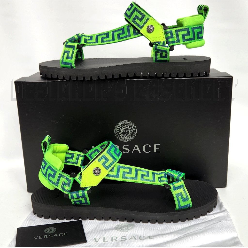 Versace Neon Green 41 Eu - 8 Us Greca Canvas Medusa Stud Neoprene Black Sandals